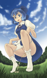 Rule 34 | 1girl, blue eyes, blue hair, cirno, cloud, day, female focus, from below, grass, matching hair/eyes, aged up, panties, panty pull, pee, peeing, ringo (artist), socks, solo, squatting, embodiment of scarlet devil, touhou, underwear