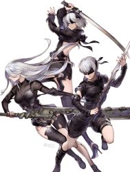 Rule 34 | 1boy, 2girls, asymmetrical legwear, back bow, backless outfit, black blindfold, black footwear, black hairband, black shirt, black shorts, black sleeves, black thighhighs, blindfold, boots, bow, breasts, detached sleeves, fighting stance, full body, grey hair, hair between eyes, hairband, high heels, holding, holding sword, holding weapon, long hair, long sleeves, medium breasts, mole, mole under mouth, multiple girls, nier (series), nier:automata, sasanomesi, see-through, see-through sleeves, shirt, shirt under shirt, short hair, short sleeves, shorts, sword, thigh strap, thighhighs, turtleneck, twitter username, weapon, 2b (nier:automata), 9s (nier:automata), a2 (nier:automata)