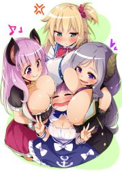 Rule 34 | 4girls, :d, akai haato, akai haato (1st costume), anchor symbol, anger vein, animal ears, animare, bat ears, between breasts, blonde hair, blue eyes, blush, bow, breast press, breast smother, breasts, cleavage, closed eyes, closed mouth, demon girl, demon horns, detached sleeves, double v, dress, drooling, face to breasts, fang, fang out, frown, girl sandwich, grey hair, hair between eyes, hair ornament, heart, heart hair ornament, hololive, honey strap, horns, large breasts, light purple hair, long hair, long sleeves, looking at another, minato aqua, minato aqua (1st costume), multiple girls, nanashi inc., nose blush, one side up, open mouth, puffy short sleeves, puffy sleeves, purple eyes, purple hair, red bow, saionji mary, sandwiched, semahiro, shirt, short sleeves, smile, swept bangs, tsundere, umori hinako, v, very long hair, virtual youtuber, white bow, white shirt, wristband, yuri
