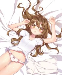 Rule 34 | 1girl, arms up, bad id, bad pixiv id, bed sheet, blush, bow, bow panties, breasts, brown eyes, brown hair, collarbone, commentary request, dutch angle, fingernails, frilled panties, frills, goyain, hair between eyes, hair spread out, highres, long hair, lying, no pants, on back, on bed, original, panties, parted lips, shirt, short sleeves, small breasts, solo, towel, underwear, very long hair, white panties, white shirt