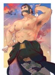 Rule 34 | 1boy, abs, armpit hair, biceps, black eyes, black hair, border, bright pupils, cloud, commentary request, creatures (company), facial hair, from below, game freak, hand up, highres, holding, holding towel, kamado (pokemon), male focus, muscular, muscular male, mustache, nintendo, nipples, outdoors, outside border, pants, pectorals, pokemon, pokemon legends: arceus, purple pants, short hair, sky, sweat, thighs, tofu (tofulabo), topless male, towel, twilight, white border, white pupils