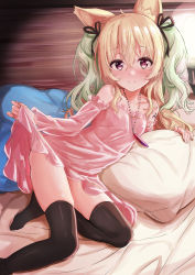 Rule 34 | 1girl, animal ear fluff, animal ears, ata (tsumari), bare shoulders, bed, bedroom, black thighhighs, blonde hair, blush, breasts, cat ears, cat girl, clothes lift, covered erect nipples, detached sleeves, dress, dress lift, heart, heart in eye, highres, indoors, jewelry, legs, lifting own clothes, long hair, looking at viewer, lying, necklace, nightgown, nightgown lift, on side, original, pillow, pink dress, pink eyes, pink nightgown, pink sleeves, ribbon, small breasts, smile, solo, symbol in eye, thighhighs, thighs, two side up