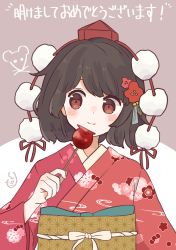 Rule 34 | 1girl, absurdres, bad id, bad pixiv id, black hair, candy apple, floral print, food, happy, highres, japanese clothes, kimono, linda 18, looking at viewer, new year, no wings, pom pom (clothes), red eyes, red kimono, shameimaru aya, smile, touhou, wide sleeves