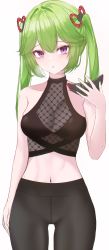 Rule 34 | 1girl, absurdres, bare arms, bare shoulders, black pants, black shirt, breasts, cleavage, costone, cowboy shot, crop top, fishnets, genshin impact, green hair, hair ornament, highres, holding, holding mask, kuki shinobu, long hair, looking at viewer, mask, unworn mask, medium breasts, midriff, navel, pants, parted lips, purple eyes, shirt, simple background, sleeveless, sleeveless shirt, slit pupils, solo, standing, twintails, white background