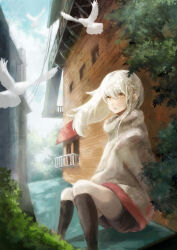 Rule 34 | 1girl, absurdres, balcony, bird, cloud, dove, highres, jacket, long hair, looking at viewer, open mouth, original, rooftop, shorts, sitting, solo, stairs, touchika, tree, white hair, yellow eyes