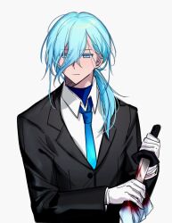 Rule 34 | 1boy, :|, ainchase ishmael, alternate costume, black jacket, blood, bloody knife, blue eyes, blue hair, blue necktie, closed mouth, collared shirt, dagger, elsword, expressionless, gloves, hair between eyes, highres, holding, holding cloth, holding dagger, holding knife, holding weapon, jacket, knife, long bangs, long hair, long sleeves, looking to the side, male focus, necktie, richter (elsword), shirt, simple background, solo, suit jacket, turtleneck, undershirt, virtual-ocean, weapon, white background, white gloves, white shirt, wiping, wiping blood
