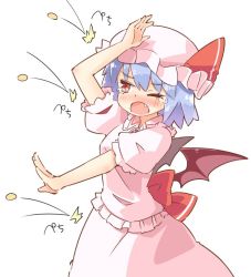 Rule 34 | 1girl, ^^^, arm up, arnest, bat wings, blue hair, breasts, brooch, commentary request, cowboy shot, dress, fang, frilled shirt collar, frills, hat, hat ribbon, jewelry, medium breasts, mob cap, one eye closed, open mouth, pink dress, pink hat, puffy short sleeves, puffy sleeves, red eyes, red ribbon, remilia scarlet, ribbon, short hair, short sleeves, simple background, solo, soybean, standing, touhou, translation request, white background, wings