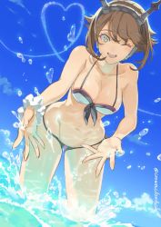 Rule 34 | 10s, 1girl, bare shoulders, bikini, blush, breasts, brown hair, cleavage, cloud, collarbone, commentary request, contrail, cosmic (crownclowncosmic), day, duplicate, front-tie bikini top, front-tie top, green eyes, headband, highres, kantai collection, looking at viewer, mutsu (kancolle), navel, ocean, one eye closed, open mouth, partially submerged, radio antenna, round teeth, short hair, side-tie bikini bottom, sky, smile, solo, splashing, swimsuit, teeth, twitter username, wading, water