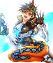 Rule 34 | 1girl, ass, bad id, bad pixiv id, bodysuit, breasts, brown hair, gloves, goggles, gun, handgun, jacket, kink (tortoiseshell), looking at viewer, overwatch, overwatch 1, short hair, smile, solo, spiked hair, tracer (overwatch), waving, weapon