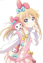 Rule 34 | 1girl, absurdres, animal ears, bag, blonde hair, blue bow, blue eyes, blush, bow, collared shirt, commentary request, crossover, fake animal ears, hair bow, hand up, highres, long hair, long sleeves, looking at viewer, my melody, nnn yryr, official alternate costume, onegai my melody, pink skirt, pink vest, pleated skirt, rabbit ears, sanrio, shirt, shoulder bag, simple background, skirt, sleeves past wrists, solo, stuffed animal, stuffed rabbit, stuffed toy, sweater vest, toshinou kyouko, v-shaped eyebrows, vest, white background, white shirt, yellow bow, yuru yuri