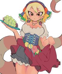 Rule 34 | 1girl, african rock python (kemono friends), apron, apron lift, bad id, bad twitter id, bare arms, blonde hair, breasts, cleavage, closed mouth, clothes lift, collarbone, corset, cowboy shot, dark-skinned female, dark skin, dirndl, dress, expressionless, eyelashes, flower, food, frilled dress, frilled sleeves, frills, fruit, german clothes, grapes, hair ribbon, hands up, head scarf, highres, igarashi (nogiheta), jewelry, kemono friends, kemono friends 3, lifted by self, long hair, looking at viewer, multicolored eyes, official alternate costume, orange eyes, pendant, plate, red eyes, ribbon, shoes, short dress, simple background, snake tail, solo, tail, tareme, thigh gap, very long hair, white background