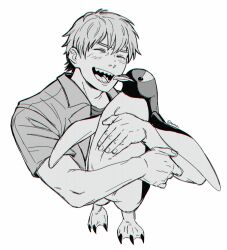 Rule 34 | 1boy, animal, artist name, bird, chainsaw man, closed eyes, commentary, cropped torso, denji (chainsaw man), english commentary, greyscale, hands up, highres, holding, holding animal, kentret, male focus, monochrome, open mouth, penguin, sharp teeth, short hair, short sleeves, simple background, teeth, twitter username, upper body, white background