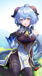Rule 34 | 1girl, :d, arm support, bell, black bodysuit, black gloves, blue hair, blurry, bodysuit, commentary request, depth of field, detached sleeves, enoki hatoko, ganyu (genshin impact), genshin impact, gloves, goat horns, grass, hair between eyes, hand on own chest, highres, horns, long hair, long sleeves, looking at viewer, neck bell, open mouth, outdoors, parted lips, purple eyes, sidelocks, sitting, smile, solo, wariza, wide sleeves