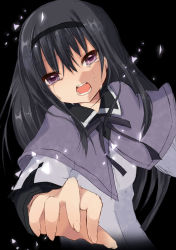 Rule 34 | 10s, 1girl, aihara fuu, aiharafu, akemi homura, bad id, bad pixiv id, black hair, capelet, crying, crying with eyes open, fingernails, hairband, highres, long hair, looking at viewer, magical girl, mahou shoujo madoka magica, mahou shoujo madoka magica (anime), open mouth, outstretched hand, purple eyes, ribbon, simple background, solo, tears