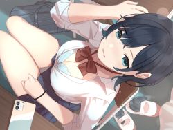 Rule 34 | 1girl, akira tooru, aqua bra, aqua eyes, bag, black hair, black socks, blue skirt, bra, breasts, cellphone, chair, cleavage, collared shirt, commentary request, curtains, desk, from above, highres, loafers, long sleeves, looking at viewer, medium breasts, open mouth, original, panties, phone, pleated skirt, school bag, school chair, school desk, school uniform, shirt, shoes, unworn shoes, sitting, skirt, smartphone, smile, socks, unworn socks, solo, thighs, underwear, uniform, white footwear, white panties, white shirt