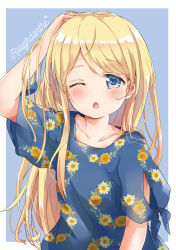 Rule 34 | 1girl, blonde hair, blue background, blue eyes, blue shirt, blush, border, collarbone, commentary request, floral print, hand on own head, highres, kin-iro mosaic, kujou karen, long hair, looking at viewer, one eye closed, open mouth, outside border, shirt, short sleeves, solo, ugchoco