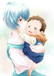 Rule 34 | 2girls, :d, absurdres, ayanami rei, baby, baumku techen, blouse, blue dress, blue hair, blue vest, blurry, blurry background, blush, brown eyes, brown hair, brown scarf, carrying, carrying person, commentary, dress, dress shirt, evangelion: 3.0+1.0 thrice upon a time, eyelashes, green background, hand on another&#039;s face, highres, light smile, looking at another, multiple girls, neon genesis evangelion, open mouth, pinafore dress, plump, rebuild of evangelion, red eyes, scarf, school uniform, shirt, short hair, sleeveless dress, smile, suzuhara tsubame, tokyo-3 middle school uniform, upper body, vest, white background, white shirt