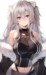 Rule 34 | 1girl, absurdres, animal ears, black jacket, black shirt, blush, breasts, cleavage, closed mouth, fur-trimmed jacket, fur trim, grey eyes, hair between eyes, highres, hololive, jacket, jewelry, large breasts, lion ears, lion girl, long hair, midriff, navel, neck ring, off shoulder, see-through, see-through cleavage, shirt, shishiro botan, shishiro botan (1st costume), sleeveless, sleeveless shirt, smile, solo, striped clothes, striped shirt, two side up, upper body, virtual youtuber, watao, white hair
