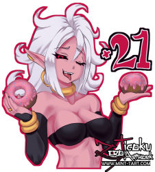 Rule 34 | 1girl, android 21, bare shoulders, black sclera, breasts, cleavage, colored sclera, colored skin, detached sleeves, doughnut, dragon ball, dragon ball fighterz, dragonball z, eyelashes, food, hair between eyes, holding, holding food, jewelry, long hair, majin android 21, medium breasts, one eye closed, pink skin, pointy ears, red eyes, ring, setumi, simple background, solo, sprinkles, tongue, tongue out, upper body, white background, white hair