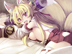 Rule 34 | 1girl, :d, afterimage, animal ears, bare hips, blonde hair, breast slip, breasts, detached sleeves, dust cloud, fang, fox ears, fox tail, hakama, hakama short skirt, hakama skirt, hip vent, izuna (shinrabanshou), japanese clothes, kitsune, kyuubi, long hair, looking at viewer, lying, miko, miniskirt, multiple tails, nipples, no bra, nontraditional miko, on bed, on stomach, open mouth, pillow, red eyes, saru 000, scroll, shinrabanshou, sideboob, skirt, smile, solo, tail, thighhighs, white thighhighs, zettai ryouiki