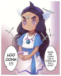 Rule 34 | +++, 1girl, blue dress, border, bracelet, bright pupils, closed mouth, collarbone, commentary request, cowlick, creatures (company), dark-skinned female, dark skin, dress, embarrassed, english text, frown, game freak, gazing eye, hairband, hapu (pokemon), highres, jewelry, long hair, meme, necklace, nintendo, own hands together, pokemon, pokemon (anime), pokemon sm (anime), purple eyes, purple hair, short sleeves, sitting, sweatdrop, twintails, uohhhhhhhhh! (meme), white border, white pupils