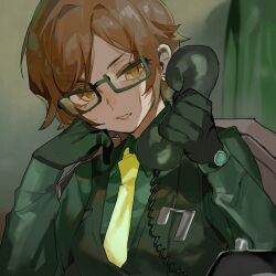 Rule 34 | 1girl, brown eyes, brown hair, collared shirt, corded phone, dark-skinned female, dark skin, earrings, gloves, green-framed eyewear, green gloves, green shirt, green vest, hamelon310, highres, jewelry, limbus company, outis (project moon), parted lips, phone, project moon, shirt, solo, upper body, vest, watch, wristwatch