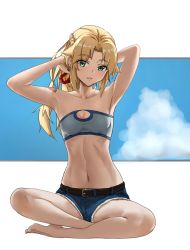 Rule 34 | 1girl, armpits, bandeau, bare shoulders, blue shorts, blush, braid, breasts, collarbone, denim, denim shorts, fate (series), french braid, green eyes, hair ornament, hair scrunchie, highres, indian style, long hair, looking at viewer, mordred (fate), mordred (fate/apocrypha), mordred (memories at trifas) (fate), navel, ninec, parted bangs, parted lips, red scrunchie, scrunchie, short shorts, shorts, sitting, small breasts, solo, strapless, tube top