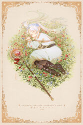 Rule 34 | 1girl, absurdres, artist name, belt, black footwear, black pantyhose, blue flower, boots, border, brown background, capelet, character name, cheseely, closed eyes, copyright name, dress, earrings, elf, english text, fetal position, field, flower, flower field, flower wreath, frieren, from above, full body, hair over shoulder, head wreath, highres, jewelry, knee boots, long hair, long sleeves, lying, on ground, on side, pantyhose, pointy ears, red flower, red ribbon, ribbon, shirt, simple background, sleeping, sousou no frieren, staff, striped clothes, striped shirt, twintails, very long hair, white capelet, white dress, white flower, white hair