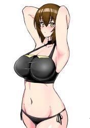 Rule 34 | 1girl, absurdres, armpits, arms behind head, arms up, bikini, black bikini, blush, breasts, brown eyes, brown hair, closed mouth, commentary, cowboy shot, girls und panzer, groin, halterneck, highres, large breasts, light frown, looking at viewer, navel, nishizumi maho, short hair, side-tie bikini bottom, simple background, solo, standing, swimsuit, white background, yuusha