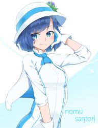 Rule 34 | 1girl, blue eyes, blue hair, bubukka, character name, closed mouth, gloves, hat, long sleeves, looking at viewer, short hair, smile, solo, suntory, suntory nomu, virtual youtuber, white gloves, white hat
