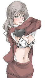 Rule 34 | 1girl, animal print, bikini, blouse, blush, bra, breasts, brown eyes, clothes lift, cow print, elf (stroll in the woods), formal, girls und panzer, grey hair, groin, highres, large breasts, lifting own clothes, looking at viewer, navel, open mouth, print bikini, shimada chiyo, shirt, shirt lift, simple background, skirt, skirt suit, smile, solo, suit, swimsuit, textless version, underwear, white background, white bikini, white shirt