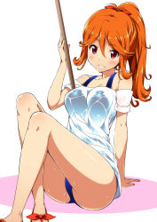 Rule 34 | 1girl, arm support, blush, breasts, highres, looking at viewer, nectar (fujiya), orange hair, ponytail, red eyes, shirt, simple background, sitting, smile, solo, swimsuit, swimsuit under clothes, tokyo 7th sisters, usuta sumire, wet, wet clothes, wet shirt