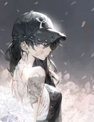 Rule 34 | 1girl, absurdres, arm tattoo, back tattoo, bandaid, bandaid on face, bare back, bare shoulders, black hair, black hat, colorful, ear piercing, earrings, falling petals, flower, flower tattoo, hair between eyes, hat, highres, jewelry, jung wonjo, lip piercing, long hair, looking at viewer, neck tattoo, original, petals, piercing, purple eyes, serious, sleeveless, snake tattoo, solo, tattoo, upper body, white flower