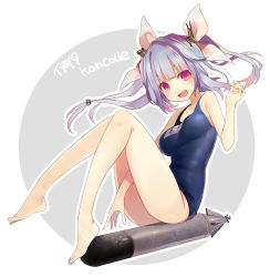 Rule 34 | 10s, 1girl, barefoot, blue hair, blunt bangs, breasts, fang, feet, hair ornament, hair ribbon, harano, i-19 (kancolle), kantai collection, large breasts, long hair, looking at viewer, multicolored hair, one-piece swimsuit, open mouth, personification, red eyes, ribbon, school swimsuit, smile, solo, swimsuit, torpedo, twintails