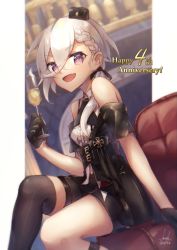 Rule 34 | 1girl, :d, anniversary, arm support, azur lane, bare shoulders, black coat, black gloves, black hat, black neckwear, black ribbon, black shorts, black thighhighs, braid, center frills, coat, collared shirt, commentary request, couch, cowboy shot, cross, cup, drinking glass, fang, french braid, frills, gloves, hair between eyes, hair over shoulder, hair ribbon, half gloves, hat, highres, holding, holding cup, indoors, iron cross, long hair, looking at viewer, low ponytail, mini hat, off shoulder, open mouth, purple eyes, ribbon, satsuki meguru, shirt, short shorts, shorts, sidelocks, signature, silver hair, single thighhigh, sitting, skin fang, sleeveless, sleeveless shirt, smile, solo, thigh strap, thighhighs, white shirt, wine glass, z1 leberecht maass (azur lane)