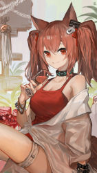 Rule 34 | 1girl, angelina (arknights), angelina (summer flower) (arknights), animal ears, arknights, bare shoulders, black choker, breasts, brown hair, chinese commentary, choker, clay (clayjun), commentary request, cup, drinking glass, fox ears, hair between eyes, hand up, highres, holding, holding cup, infection monitor (arknights), jacket, long hair, long sleeves, looking at viewer, medium breasts, off shoulder, official alternate costume, one-piece swimsuit, red eyes, red one-piece swimsuit, sitting, smile, solo, swimsuit, swimsuit cover-up, thigh strap, thighs, twintails, white jacket, wine glass