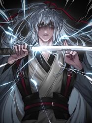 Rule 34 | 1boy, blue eyes, blue hair, colored eyelashes, dark background, electricity, evie (baoxiao), glowing, glowing eyes, hair ribbon, highres, holding, holding sword, holding weapon, katana, kyrgios rodgraim, long hair, long sleeves, looking at viewer, male focus, omniscient reader&#039;s viewpoint, ponytail, ribbon, robe, serious, shaded face, solo, sword, weapon, wide sleeves