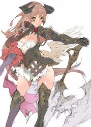 Rule 34 | 1girl, axe, boots, breasts, brown hair, cleavage, ear piercing, heart, highres, horns, long hair, looking at viewer, md5 mismatch, original, piercing, pointy ears, resized, simple background, small breasts, solo, tattoo, thigh boots, thighhighs, unkq, weapon, white background, yellow eyes
