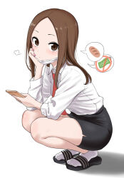 1girl ? ankle_socks black_footwear black_skirt brown_eyes brown_hair cellphone closed_mouth collared_shirt commentary forehead full_body highres holding holding_phone karakai_jouzu_no_takagi-san long_hair long_sleeves looking_at_viewer mask mask_pull mouth_mask nail_polish necktie note2000 parted_bangs pencil_skirt phone pink_nails puffy_long_sleeves puffy_sleeves red_necktie sandals shadow shirt skirt socks solo spoken_food spoken_money spoken_question_mark squatting surgical_mask takagi-san white_shirt white_socks