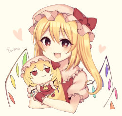 Rule 34 | 1girl, :3, :d, blonde hair, bow, crossed arms, crystal, doll, fang, flandre day, flandre scarlet, fumo (doll), hat, hat bow, highres, holding, holding doll, mob cap, one side up, open mouth, red bow, red eyes, short sleeves, simple background, smile, solo, subaru (subachoco), touhou, white background, white hat, wings