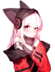 Rule 34 | 1girl, absurdres, animal ears, arknights, beanie, beudelb, black hat, blush, clothes writing, ears through headwear, fox ears, fox girl, frostleaf (arknights), grey shirt, hand up, hat, headphones, highres, jacket, long hair, long sleeves, looking at viewer, material growth, off-shoulder shirt, off shoulder, open clothes, open jacket, oripathy lesion (arknights), red eyes, red jacket, shirt, simple background, solo, upper body, white background, white hair