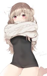 Rule 34 | !, 1girl, aran sweater, bad id, bad pixiv id, black dress, blush, breasts, brown sweater, cable knit, clothes lift, commentary request, covered mouth, crossed arms, dated, dress, hair between eyes, hair ornament, hairclip, highres, lifted by self, light brown hair, long hair, long sleeves, looking at viewer, mafuyu (chibi21), one side up, original, short dress, simple background, sitting, sleeves past wrists, small breasts, solo, sweat, sweater, sweater lift, twitter username, undressing, very long hair, wariza, white background