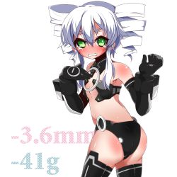 Rule 34 | 10s, 1girl, artist request, ass, bare shoulders, bikini, black sister, blush, choker, drill hair, elbow gloves, embarrassed, flat chest, from behind, gloves, green eyes, hand on own chest, long hair, looking at viewer, measurements, neptune (series), open mouth, shiny skin, solo, swimsuit, symbol-shaped pupils, teardrop, tears, thighhighs, twin drills, uni (neptunia), wavy mouth, white hair