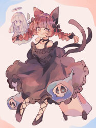 Rule 34 | 2girls, :3, animal ears, bare shoulders, black bow, black dress, black footwear, bow, braid, cat ears, cat girl, cat tail, commentary, dress, full body, hair bow, halo, highres, hitodama, kaenbyou rin, looking at viewer, multiple girls, multiple tails, ratto (mobilis 1870), red eyes, red hair, side braids, tail, touhou, twin braids, two tails, zombie fairy (touhou)