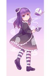 Rule 34 | 1girl, black dress, blackberry cookie, bow, brooch, candle, cookie run, dress, frilled dress, frills, full body, ghost, gothic lolita, haikumo, hair ornament, highres, jewelry, juliet sleeves, layered dress, lolita fashion, long sleeves, looking at viewer, pantyhose, parted lips, puffy sleeves, purple eyes, purple footwear, purple hair, short hair, simple background, solo, striped clothes, striped pantyhose, white bow
