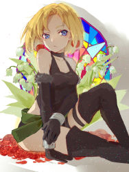 Rule 34 | 1girl, bad id, bad pixiv id, bare shoulders, black footwear, black thighhighs, blonde hair, blue eyes, boots, earrings, elbow gloves, fei (songyijie), flower, gloves, highres, jewelry, junketsu no maria, looking at viewer, maria (junketsu no maria), rose, short hair, sitting, solo, thigh boots, thigh strap, thighhighs