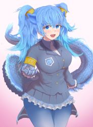 Rule 34 | 1girl, :d, animal ears, black jacket, black skirt, blue eyes, blue gloves, blue hair, blue pantyhose, blue shirt, breasts, collared shirt, commentary request, dragon tail, frilled skirt, frills, gloves, gradient background, hair between eyes, highres, jacket, japari symbol, kemono friends, kemono friends 3, kiyuu (nahoniwa sun), long sleeves, looking at viewer, medium breasts, necktie, open mouth, pantyhose, pink background, pleated skirt, seiryuu (kemono friends), shirt, skirt, smile, solo, tail, twintails, white necktie