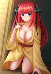 Rule 34 | 1girl, bathrobe, black ribbon, blush, breasts, cleavage, collarbone, commentary, go-toubun no hanayome, hair ribbon, hand up, highres, indoors, kazenokaze, kneeling, large breasts, long hair, long sleeves, looking at viewer, nakano nino, parted lips, purple eyes, red hair, ribbon, sleeves past wrists, solo, sweat, two side up, very long hair, wide sleeves, wooden floor