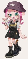 Rule 34 | 1girl, absurdres, apron, black apron, black footwear, black hat, bracelet, card, commentary request, cross-laced footwear, fang, full body, green eyes, hat, highres, holding, holding card, jewelry, medium hair, myon rio, nintendo, octoling, octoling girl, octoling player character, open mouth, pink hair, shirt, shoes, simple background, smile, solo, splatoon (series), splatoon 2, standing, teeth, tentacle hair, white background, white shirt