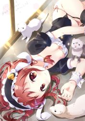 Rule 34 | 1girl, absurdres, alternate costume, animal, animal ears, arm up, black shirt, black thighhighs, blouse, blush, breasts, brown hair, brown panties, center frills, closed mouth, collar, commentary request, dated, day, detached collar, ferret, fleur de lapin uniform, frilled hairband, frilled shirt, frills, garter straps, gochuumon wa usagi desu ka?, hairband, highres, indoors, looking at viewer, lying, natsu megumi, neki (wakiko), no pants, on side, panties, puffy short sleeves, puffy sleeves, rabbit ears, red eyes, shirt, short sleeves, side-tie panties, small breasts, solo, sunlight, tareme, thighhighs, twitter username, underwear, uniform, waitress, white collar, window, wrist cuffs